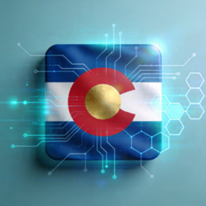 Colorado state flag embedded in a glossy blue icon with circuit patterns and glowing tech accents, symbolizing Colorado tech innovation
