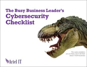Cover graphic for a cybersecurity checklist: bold purple title on the left and a roaring T. rex on the right; Ariel IT logo bottom left.